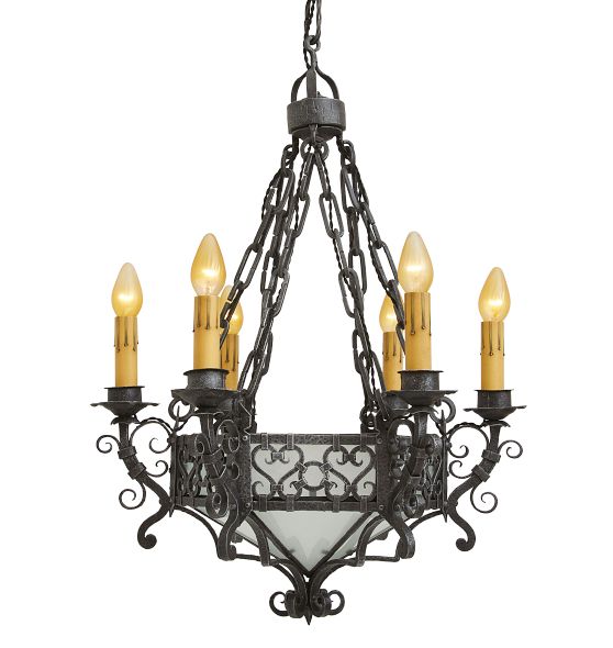 Vintage French Colonial Revival Wrought Iron and Glass 5-Light Chandelier by Rejuvenation