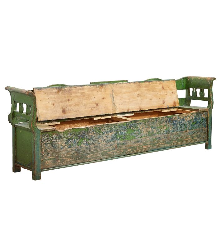 Vintage Traditional Hungarian Pine Box Green Painted Storage Bench